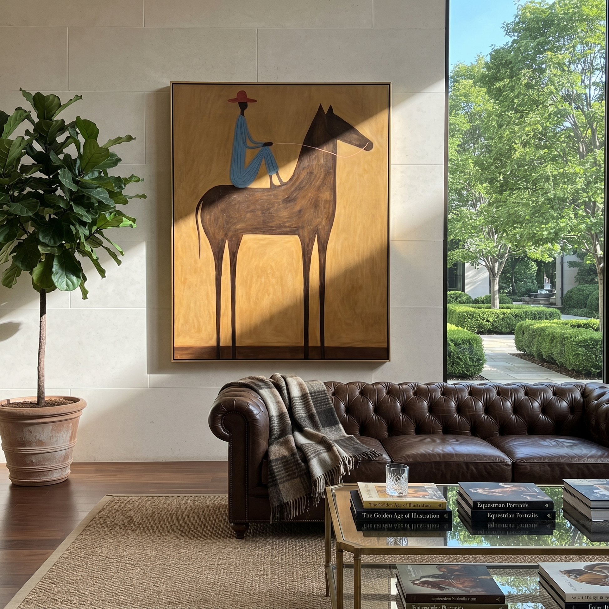 Painted Saddle Hold the Horizon - horse and rider painting by Isabelle Laurent, modern Western vertical wall art – styled room scene view 4
