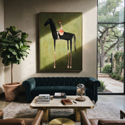 Long Mane Hold the Horizon - modern horse portrait by Isabelle Laurent, modern Western vertical wall art – styled room scene view 1