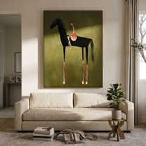 Long Mane Hold the Horizon - modern horse portrait by Isabelle Laurent, modern Western vertical wall art – styled room scene view 2