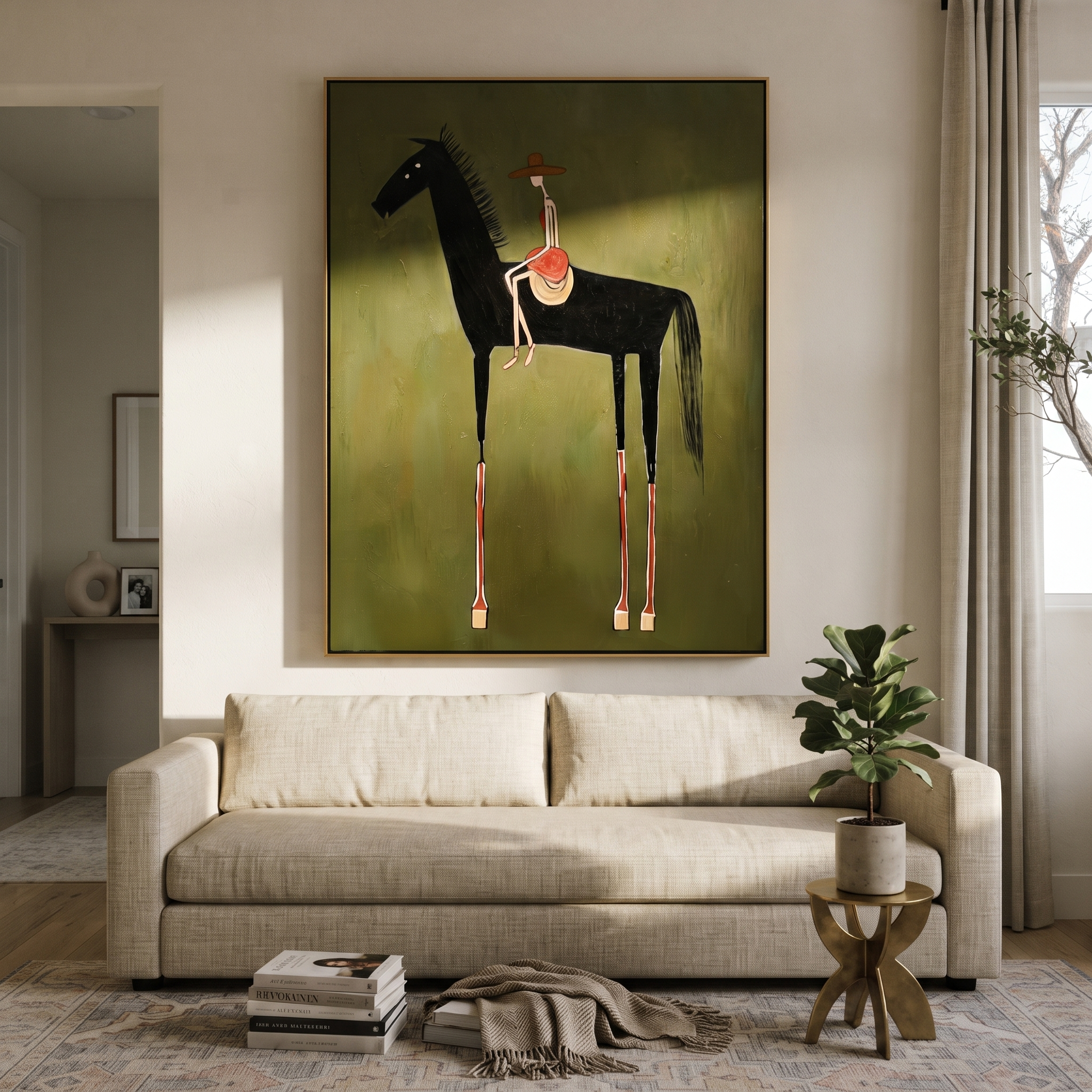 Long Mane Hold the Horizon - modern horse portrait by Isabelle Laurent, modern Western vertical wall art – styled room scene view 2