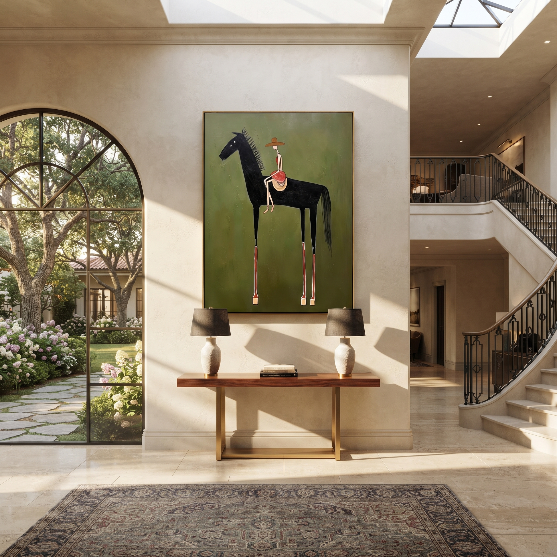 Long Mane Hold the Horizon - modern horse portrait by Isabelle Laurent, modern Western vertical wall art – styled room scene view 3