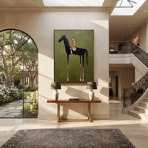 Long Mane Hold the Horizon - modern horse portrait by Isabelle Laurent, modern Western vertical wall art – styled room scene view 3