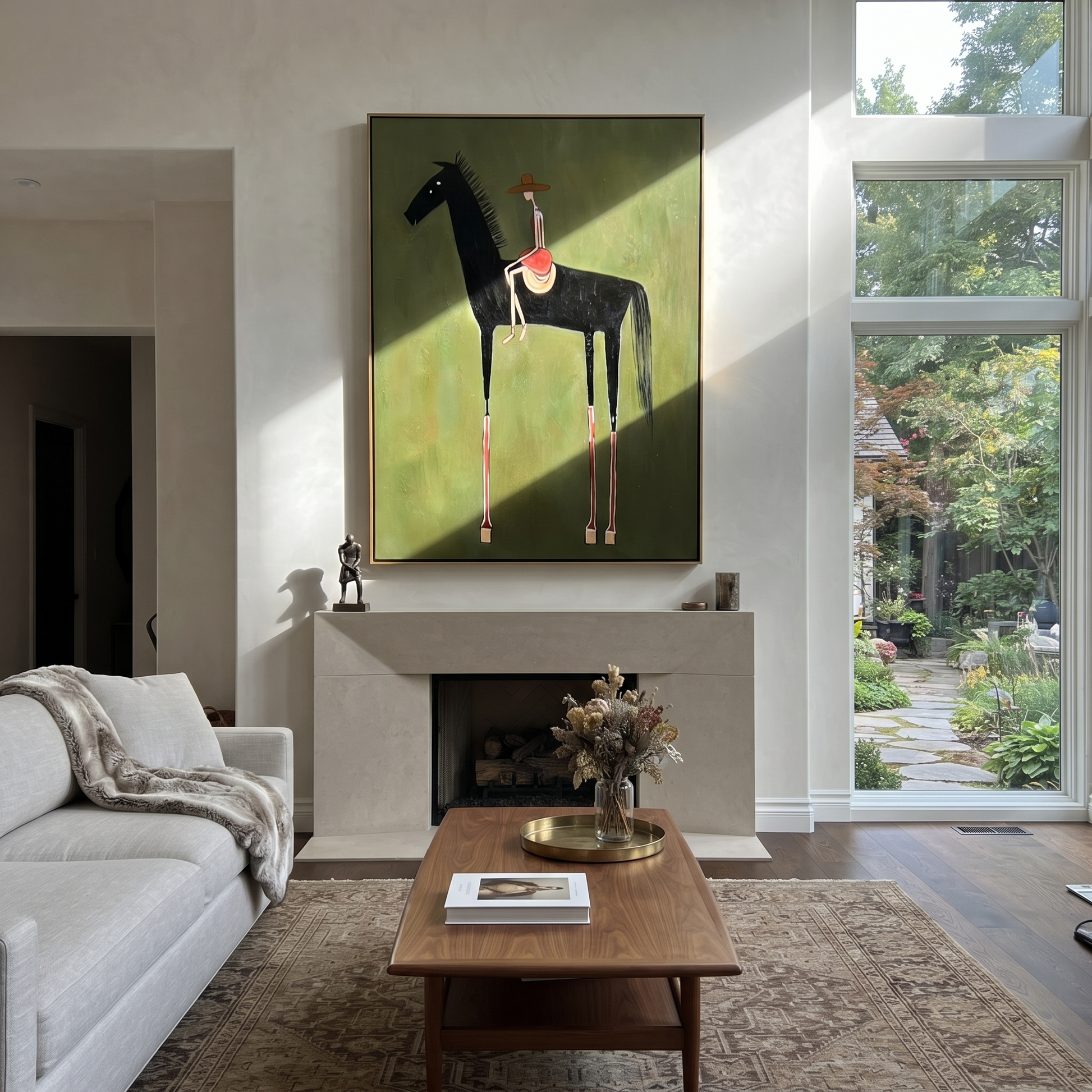 Long Mane Hold the Horizon - modern horse portrait by Isabelle Laurent, modern Western vertical wall art – styled room scene view 4
