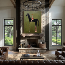 Long Mane Hold the Horizon - modern horse portrait by Isabelle Laurent, modern Western vertical wall art – styled room scene view 5