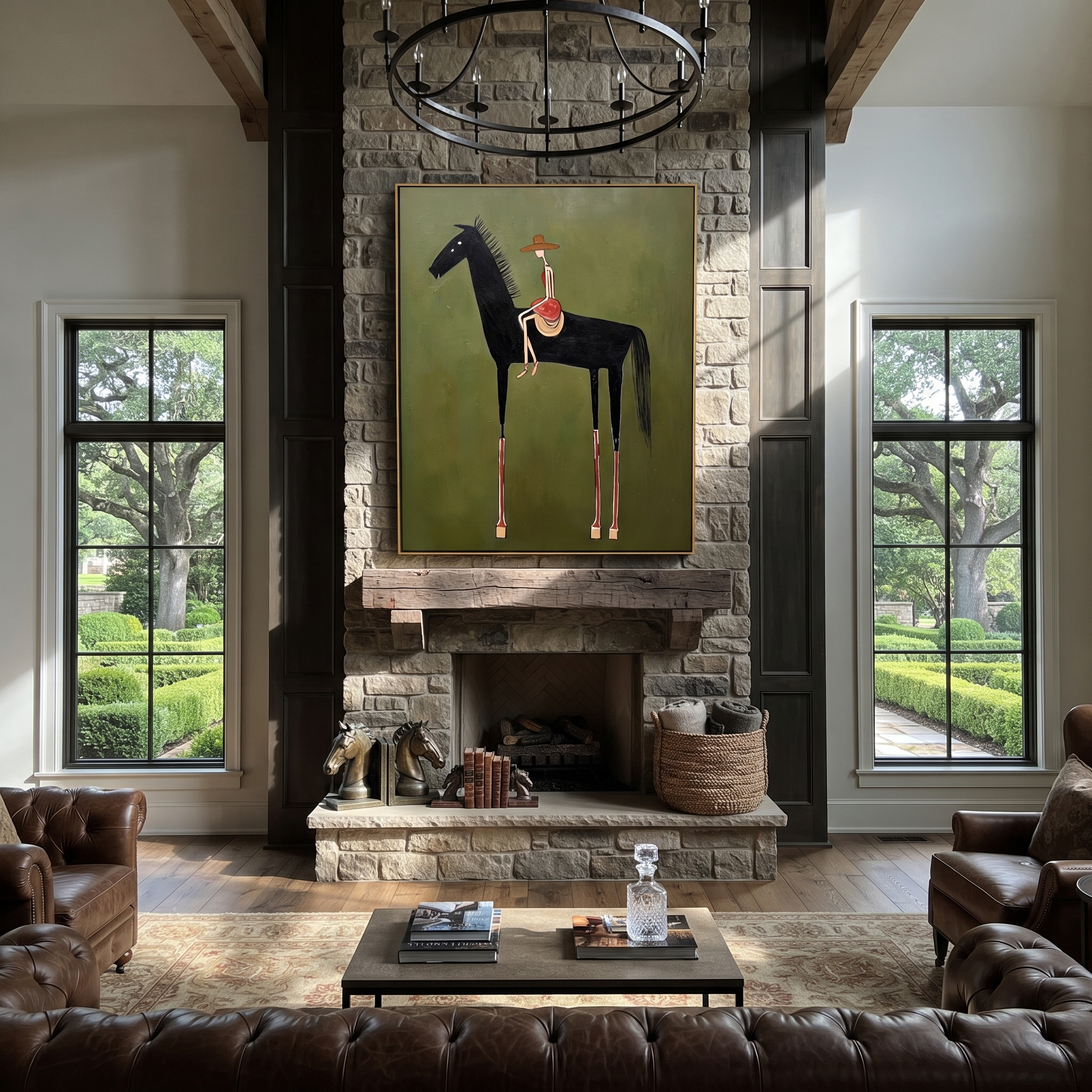 Long Mane Hold the Horizon - modern horse portrait by Isabelle Laurent, modern Western vertical wall art – styled room scene view 5