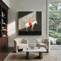 Western Stars Hold the Horizon - horse and rider painting by Isabelle Laurent, modern Western square wall art – styled room scene view 1