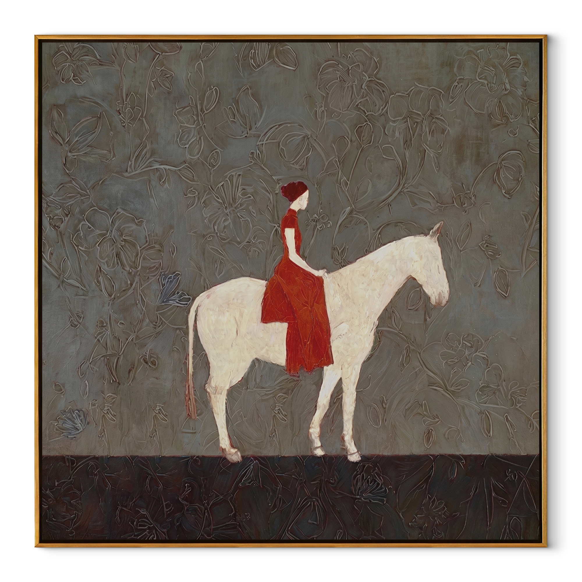 Western Stars Hold the Horizon - horse and rider painting by Isabelle Laurent, modern Western square wall art – wood frame on white background