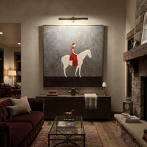 Western Stars Hold the Horizon - horse and rider painting by Isabelle Laurent, modern Western square wall art – styled room scene view 2