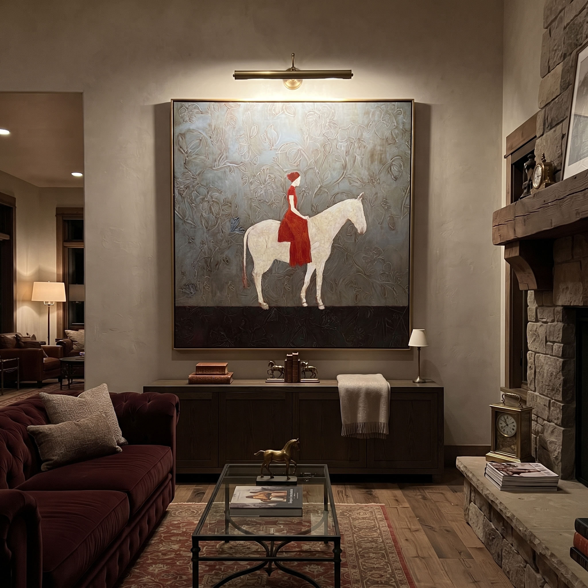 Western Stars Hold the Horizon - horse and rider painting by Isabelle Laurent, modern Western square wall art – styled room scene view 2