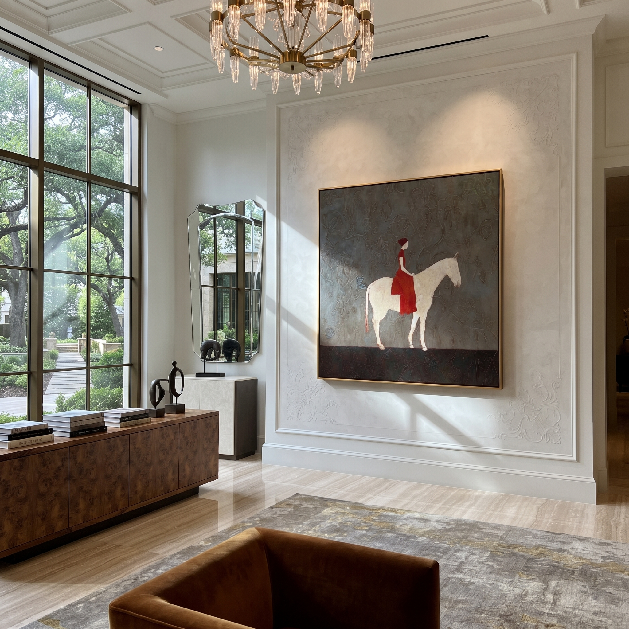Western Stars Hold the Horizon - horse and rider painting by Isabelle Laurent, modern Western square wall art – styled room scene view 3