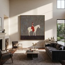 Western Stars Hold the Horizon - horse and rider painting by Isabelle Laurent, modern Western square wall art – styled room scene view 4