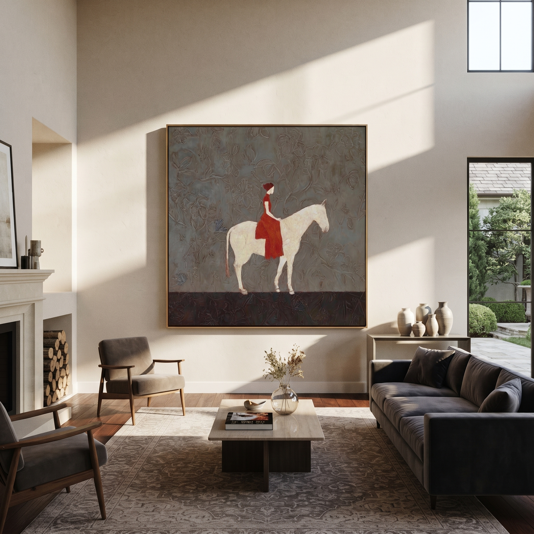Western Stars Hold the Horizon - horse and rider painting by Isabelle Laurent, modern Western square wall art – styled room scene view 4