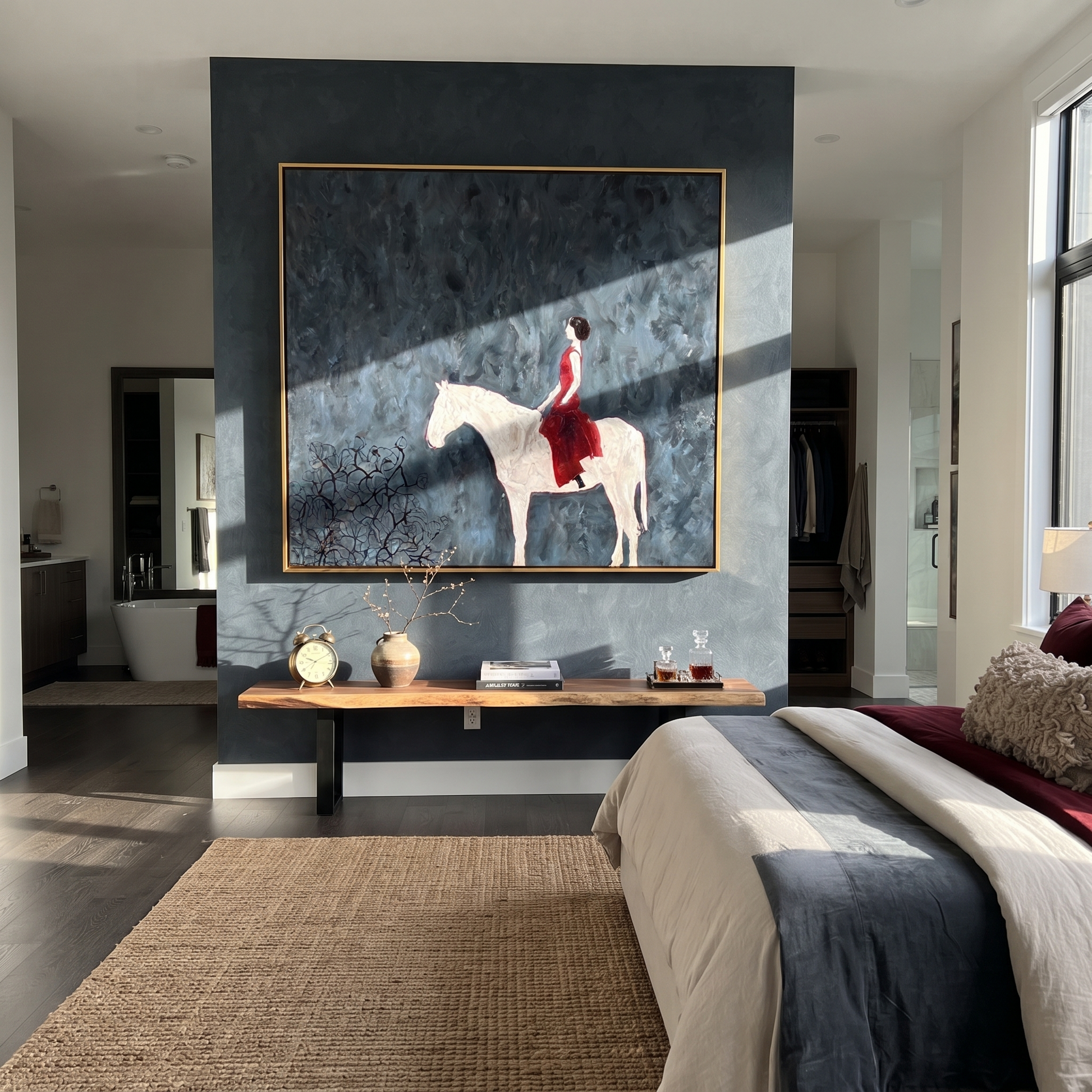 Gentle Strength Hold the Horizon - horse and rider painting by Isabelle Laurent, modern Western square wall art – styled room scene view 1