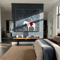 Gentle Strength Hold the Horizon - horse and rider painting by Isabelle Laurent, modern Western square wall art – styled room scene view 1