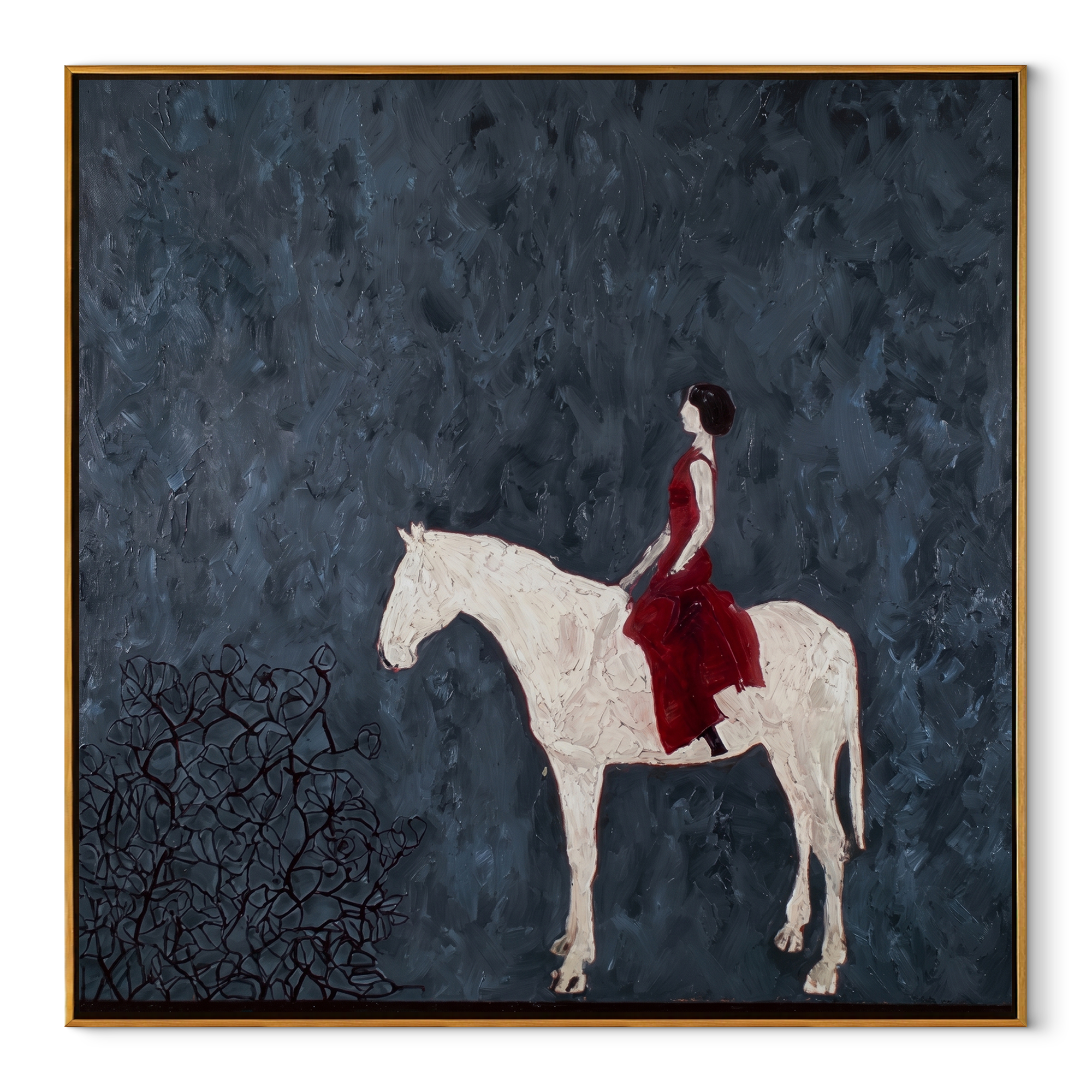 Gentle Strength Hold the Horizon - horse and rider painting by Isabelle Laurent, modern Western square wall art – wood frame on white background