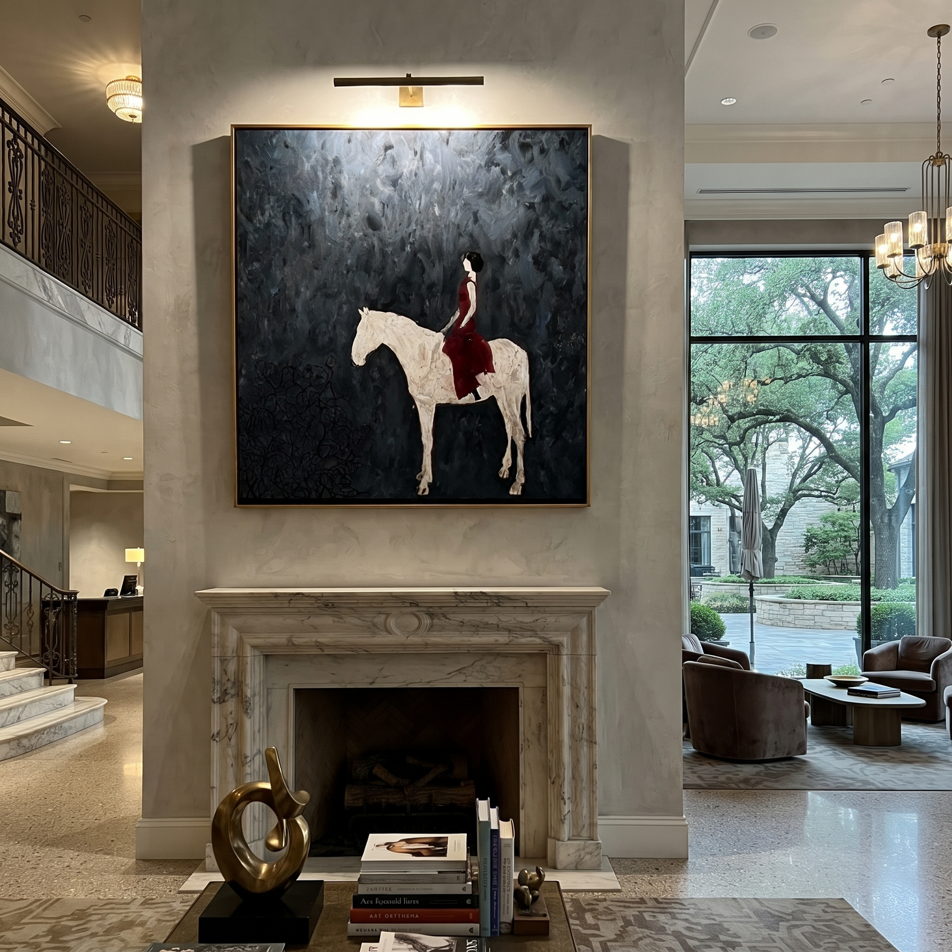 Gentle Strength Hold the Horizon - horse and rider painting by Isabelle Laurent, modern Western square wall art – styled room scene view 2