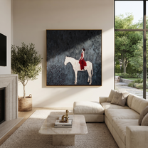 Gentle Strength Hold the Horizon - horse and rider painting by Isabelle Laurent, modern Western square wall art – styled room scene view 3