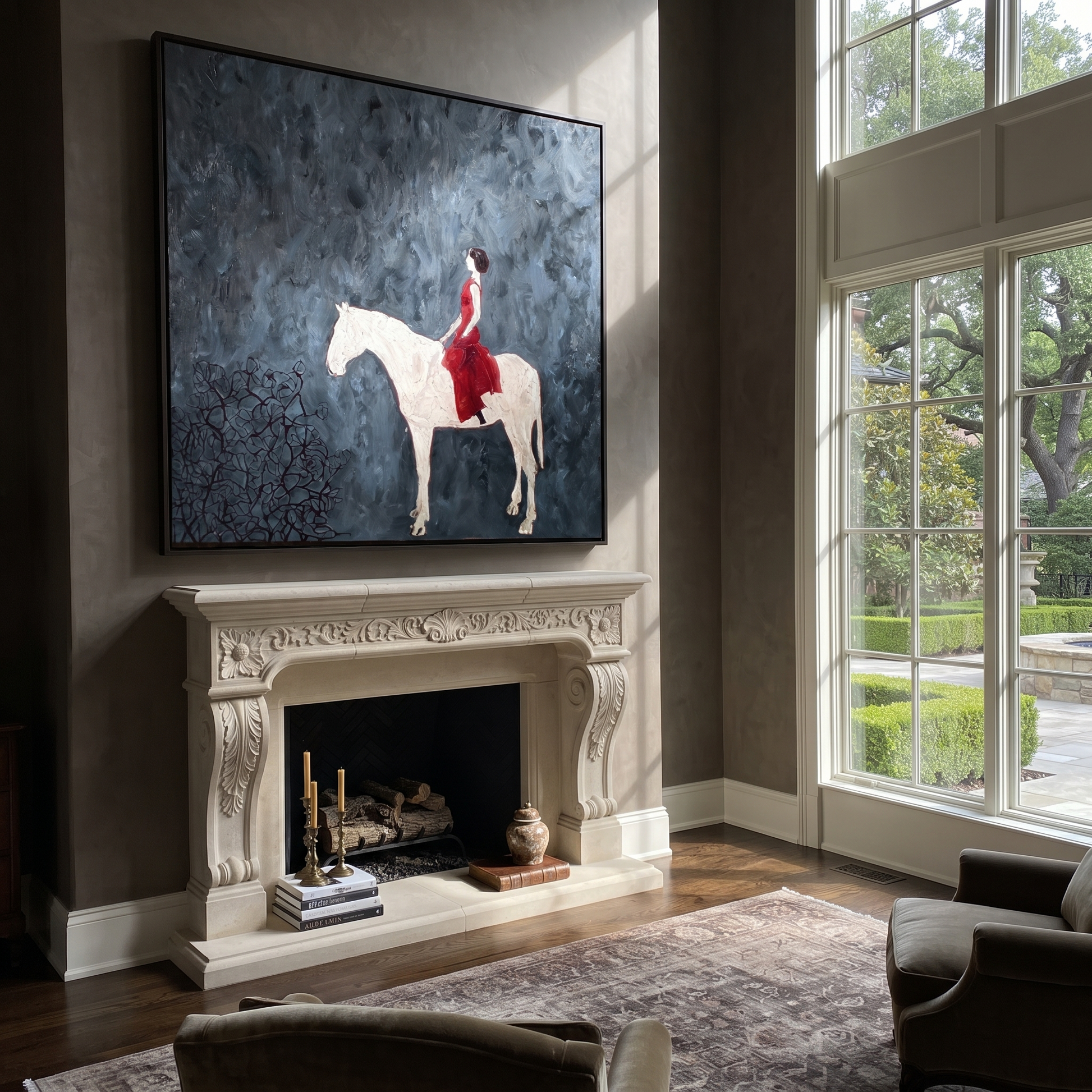 Gentle Strength Hold the Horizon - horse and rider painting by Isabelle Laurent, modern Western square wall art – styled room scene view 4
