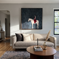 Gentle Strength Hold the Horizon - horse and rider painting by Isabelle Laurent, modern Western square wall art – styled room scene view 5