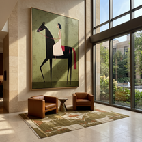 Desert Rhythm Hold the Horizon - horse and rider painting by Isabelle Laurent, modern Western vertical wall art – styled room scene view 1