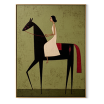 Desert Rhythm Hold the Horizon - horse and rider painting by Isabelle Laurent, modern Western vertical wall art – wood frame on white background