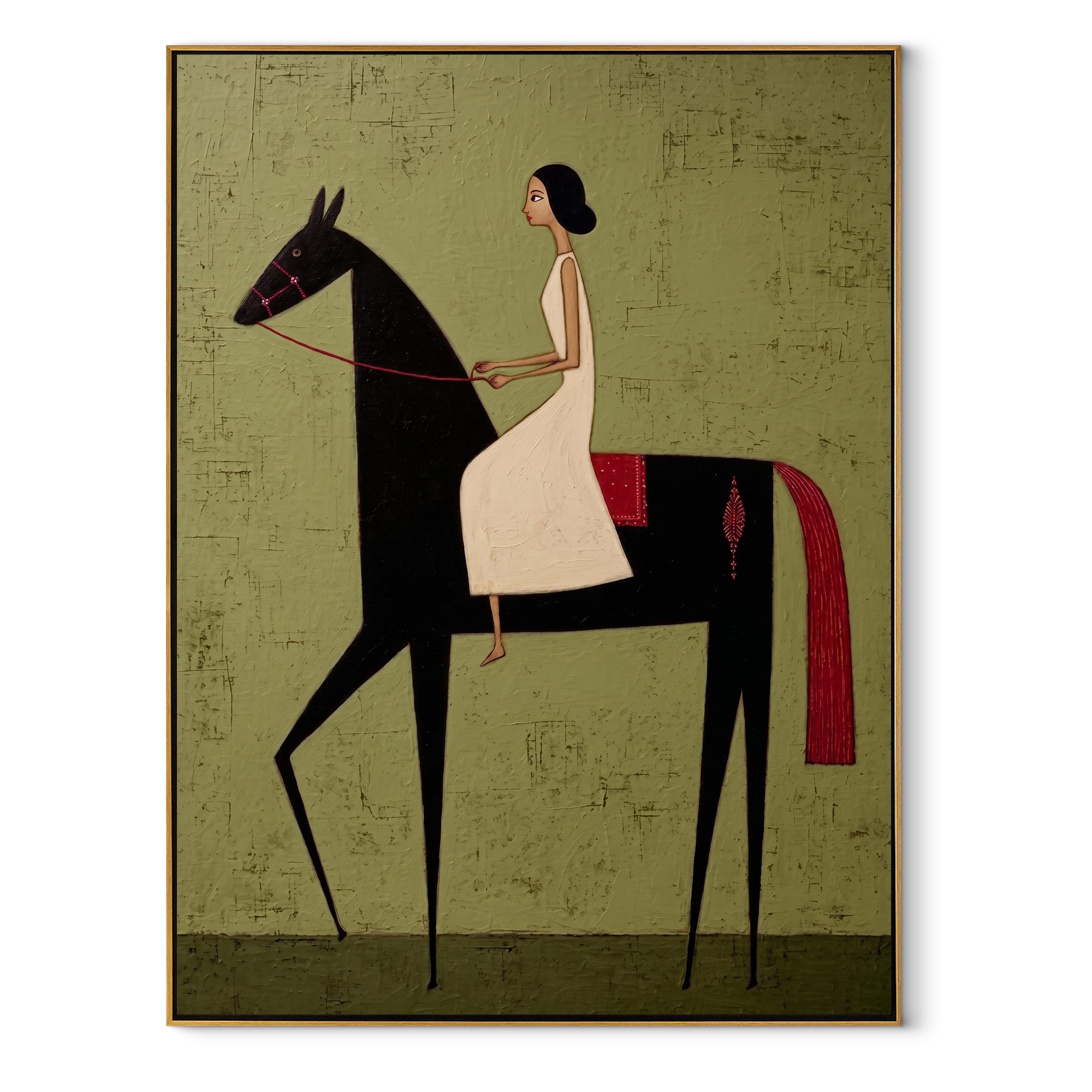 Desert Rhythm Hold the Horizon - horse and rider painting by Isabelle Laurent, modern Western vertical wall art – wood frame on white background
