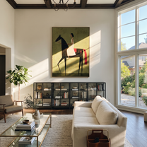 Desert Rhythm Hold the Horizon - horse and rider painting by Isabelle Laurent, modern Western vertical wall art – styled room scene view 2