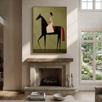 Desert Rhythm Hold the Horizon - horse and rider painting by Isabelle Laurent, modern Western vertical wall art – styled room scene view 3