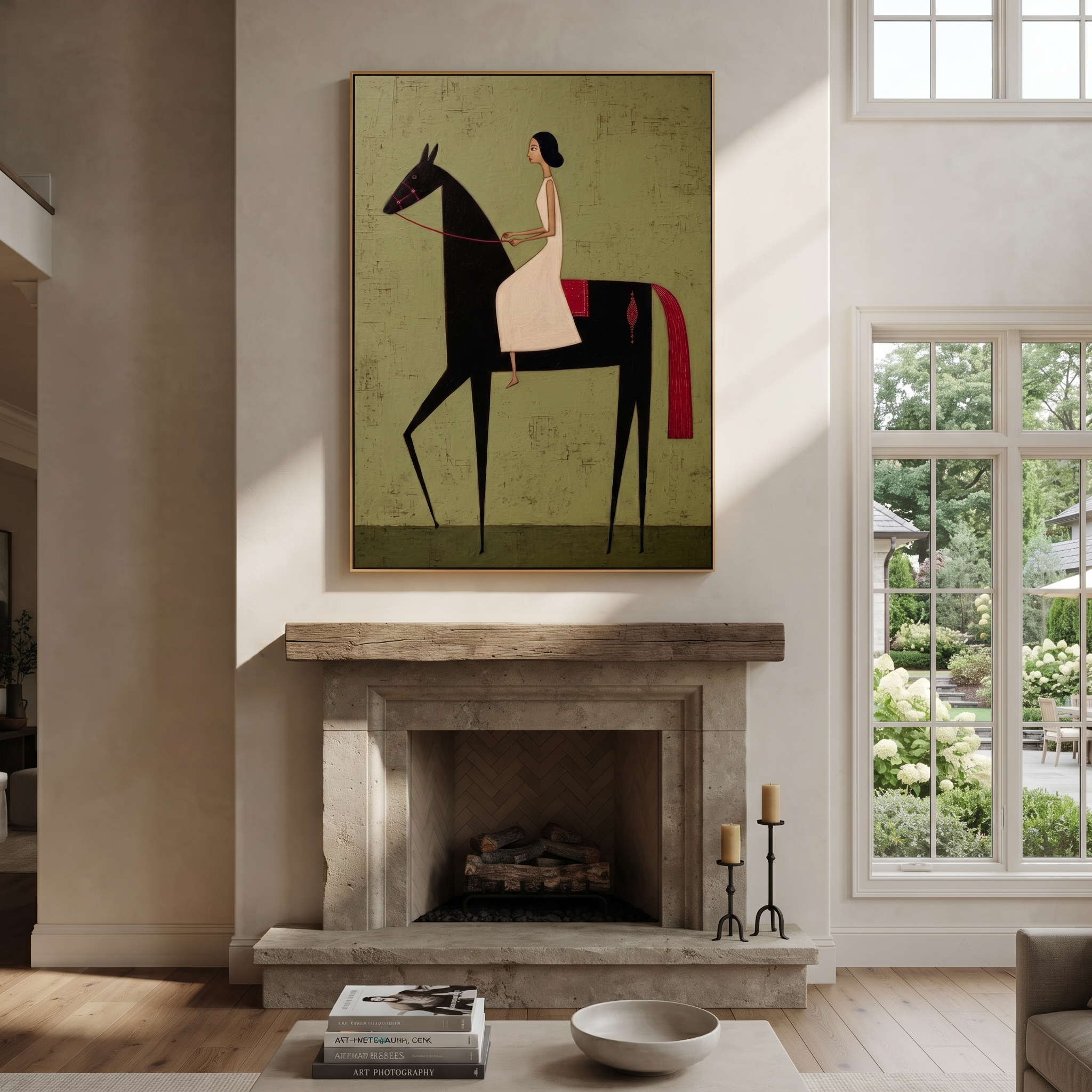 Desert Rhythm Hold the Horizon - horse and rider painting by Isabelle Laurent, modern Western vertical wall art – styled room scene view 3