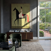 Desert Rhythm Hold the Horizon - horse and rider painting by Isabelle Laurent, modern Western vertical wall art – styled room scene view 4