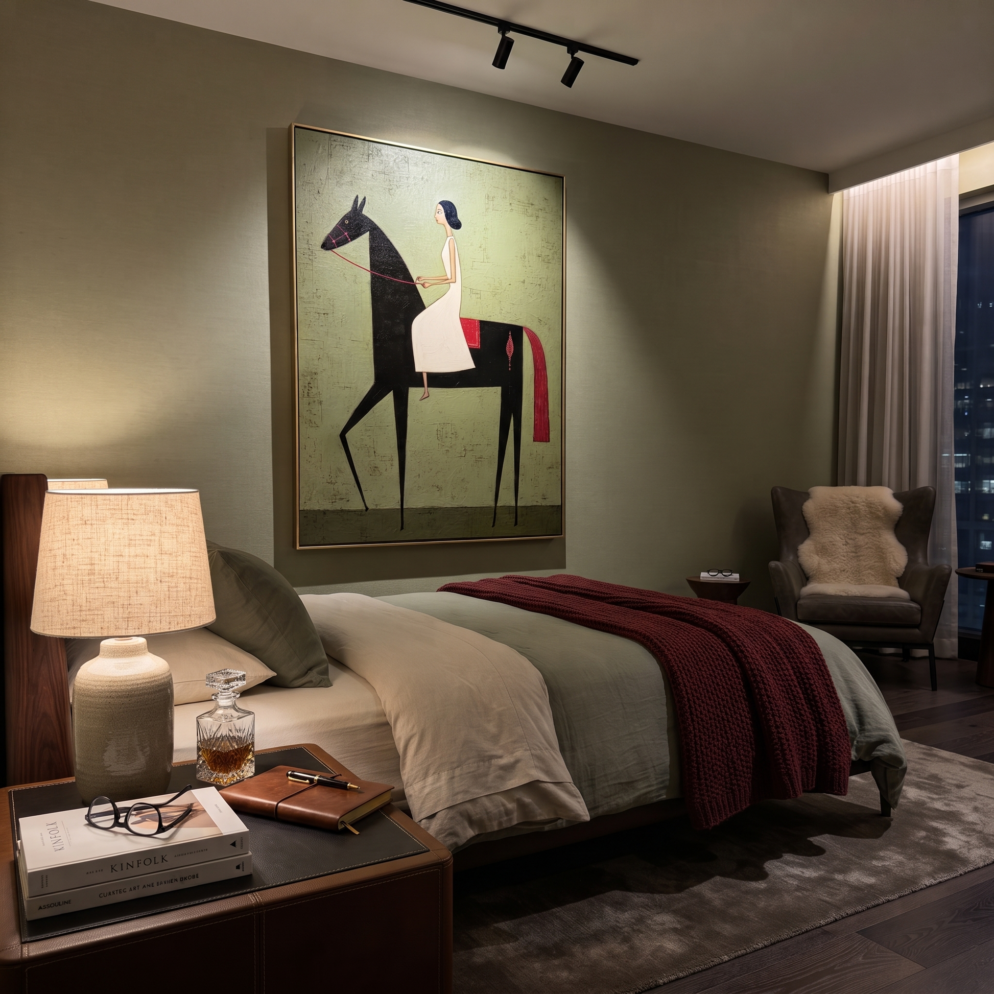 Desert Rhythm Hold the Horizon - horse and rider painting by Isabelle Laurent, modern Western vertical wall art – styled room scene view 5