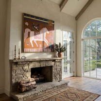 Moonlit Horse Hold the Horizon - folk horse painting by Isabelle Laurent, modern Western square wall art – styled room scene view 1