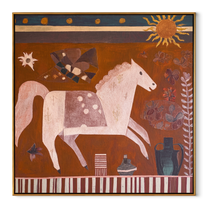 Moonlit Horse Hold the Horizon - folk horse painting by Isabelle Laurent, modern Western square wall art – wood frame on white background