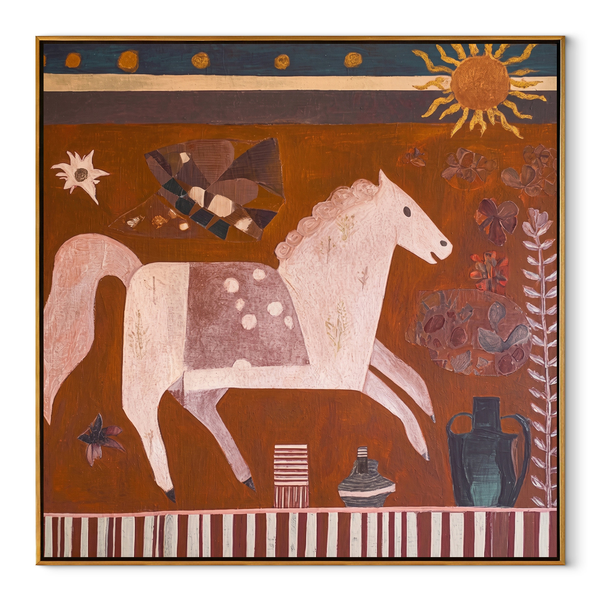 Moonlit Horse Hold the Horizon - folk horse painting by Isabelle Laurent, modern Western square wall art – wood frame on white background