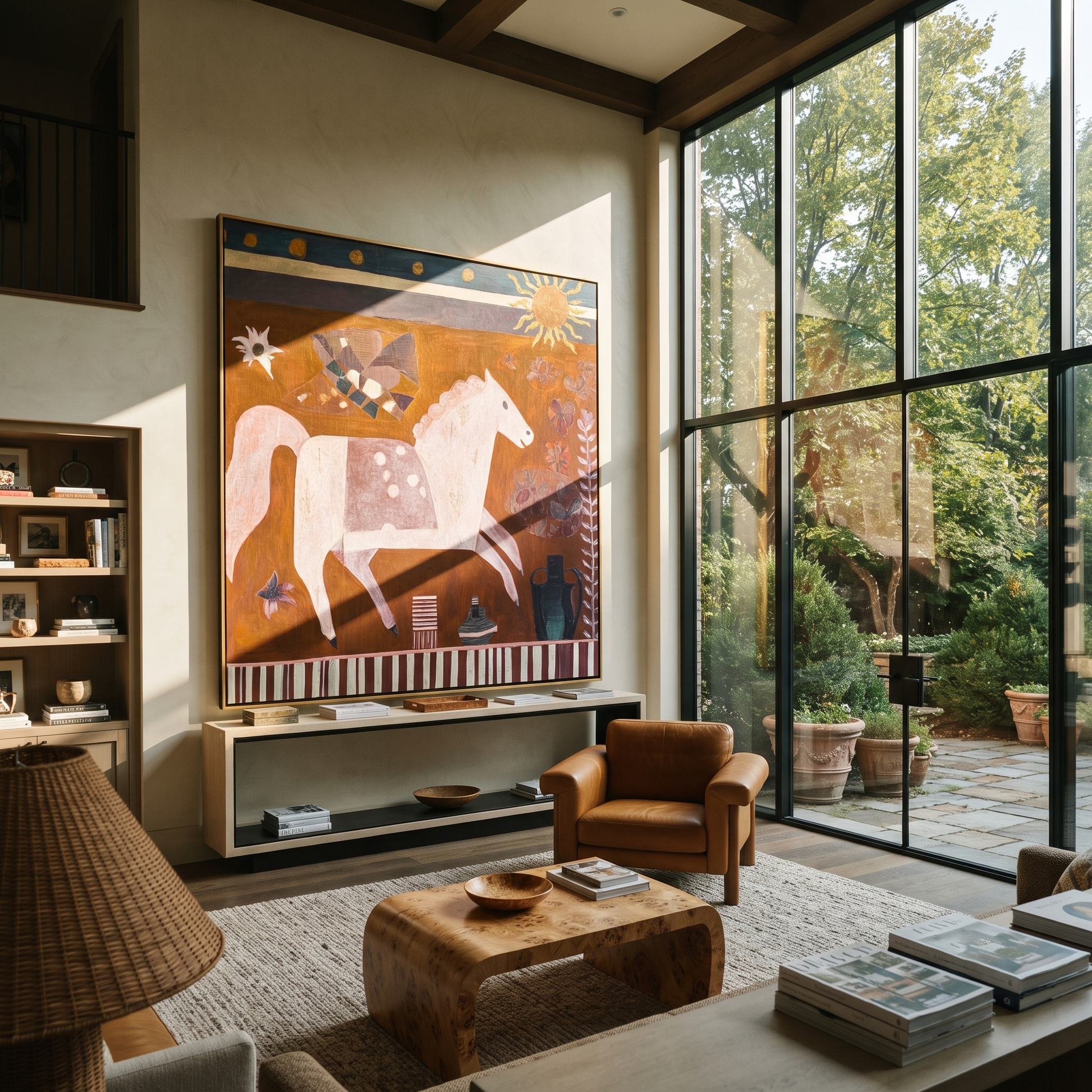 Moonlit Horse Hold the Horizon - folk horse painting by Isabelle Laurent, modern Western square wall art – styled room scene view 2