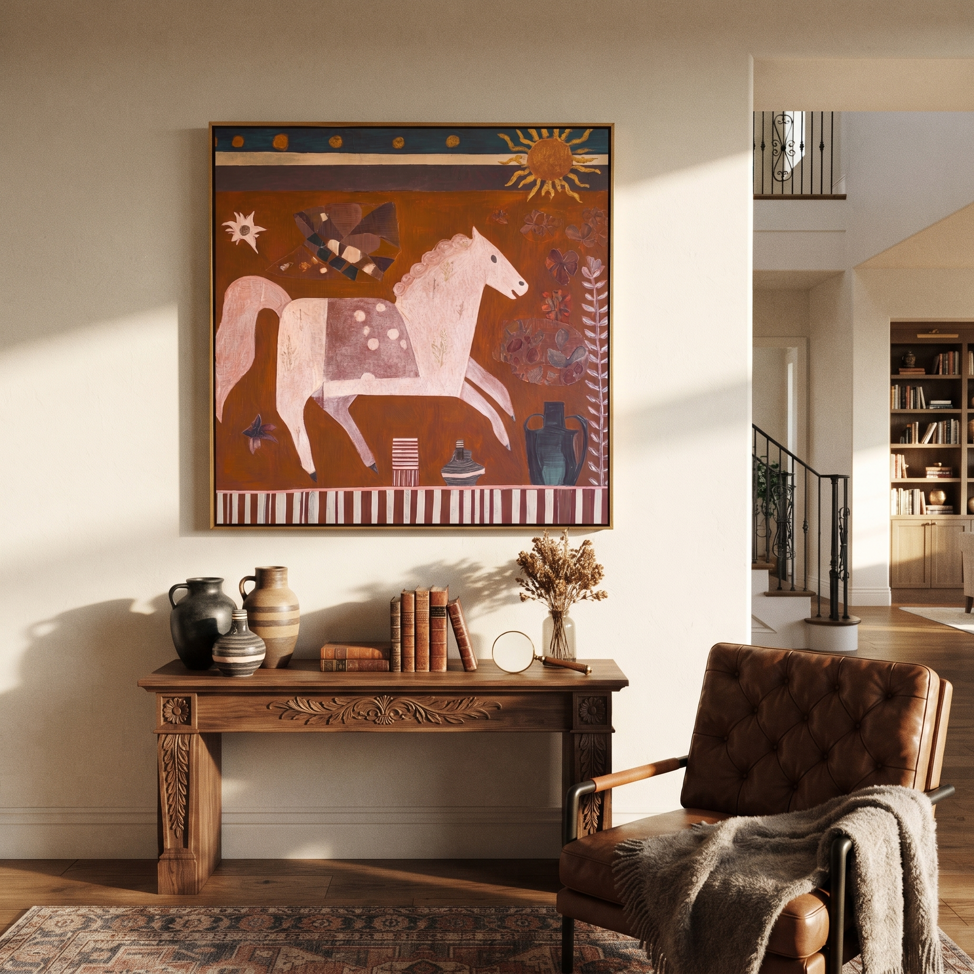 Moonlit Horse Hold the Horizon - folk horse painting by Isabelle Laurent, modern Western square wall art – styled room scene view 3