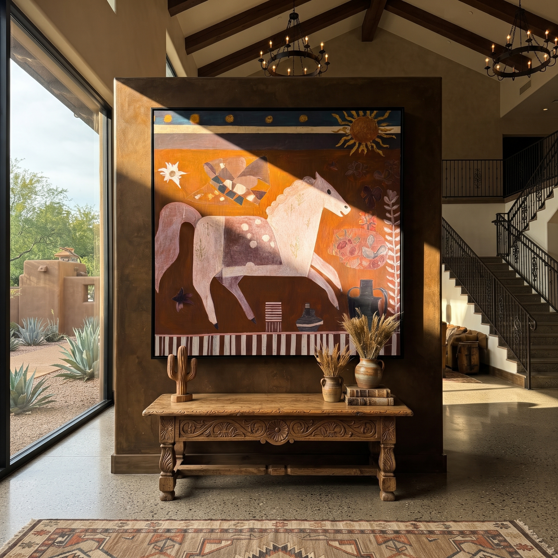Moonlit Horse Hold the Horizon - folk horse painting by Isabelle Laurent, modern Western square wall art – styled room scene view 4