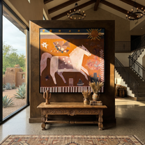 Moonlit Horse Hold the Horizon - folk horse painting by Isabelle Laurent, modern Western square wall art – styled room scene view 4