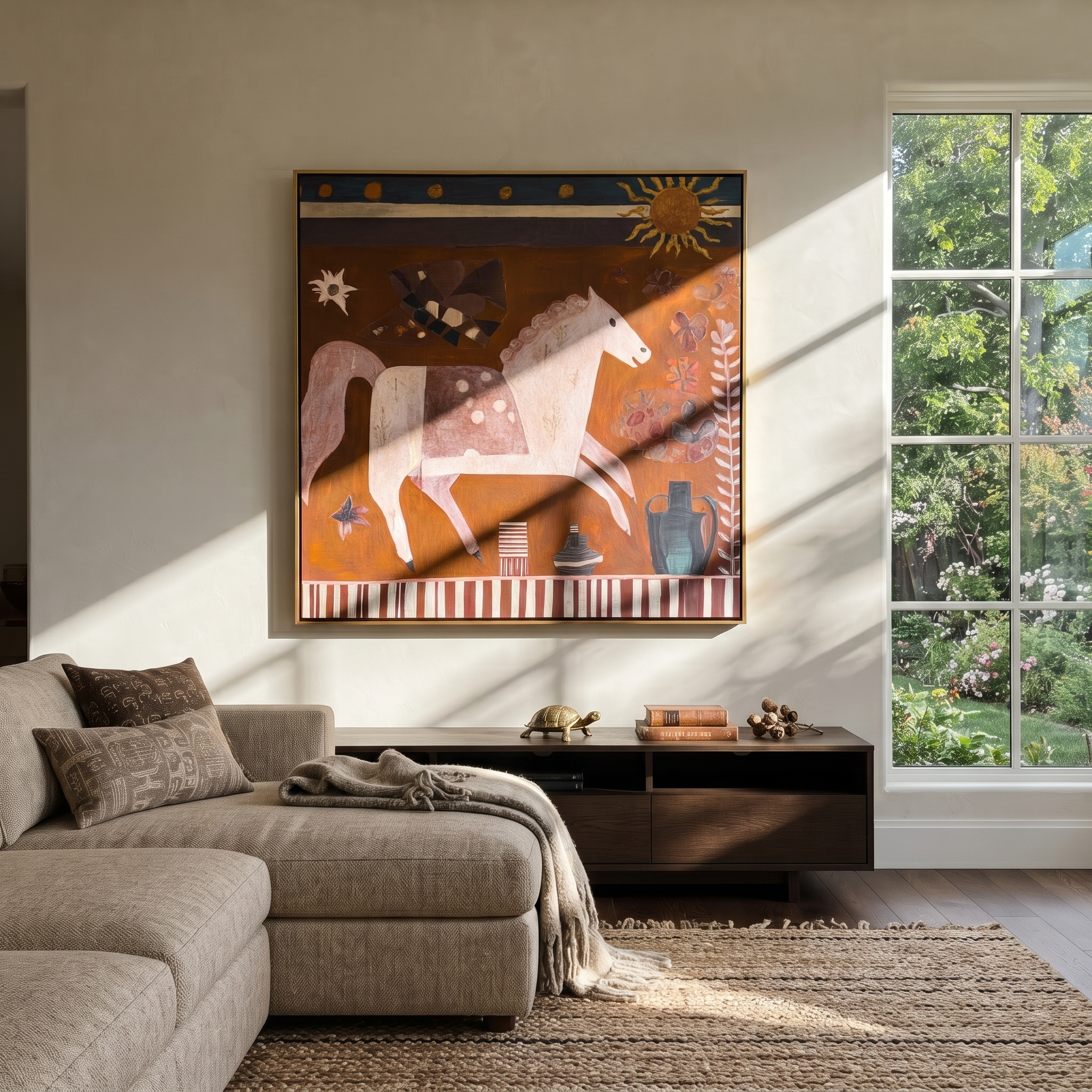 Moonlit Horse Hold the Horizon - folk horse painting by Isabelle Laurent, modern Western square wall art – styled room scene view 5