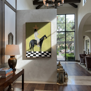 Wild Grace Hold the Horizon - horse and rider painting by Isabelle Laurent, modern Western vertical wall art – styled room scene view 1