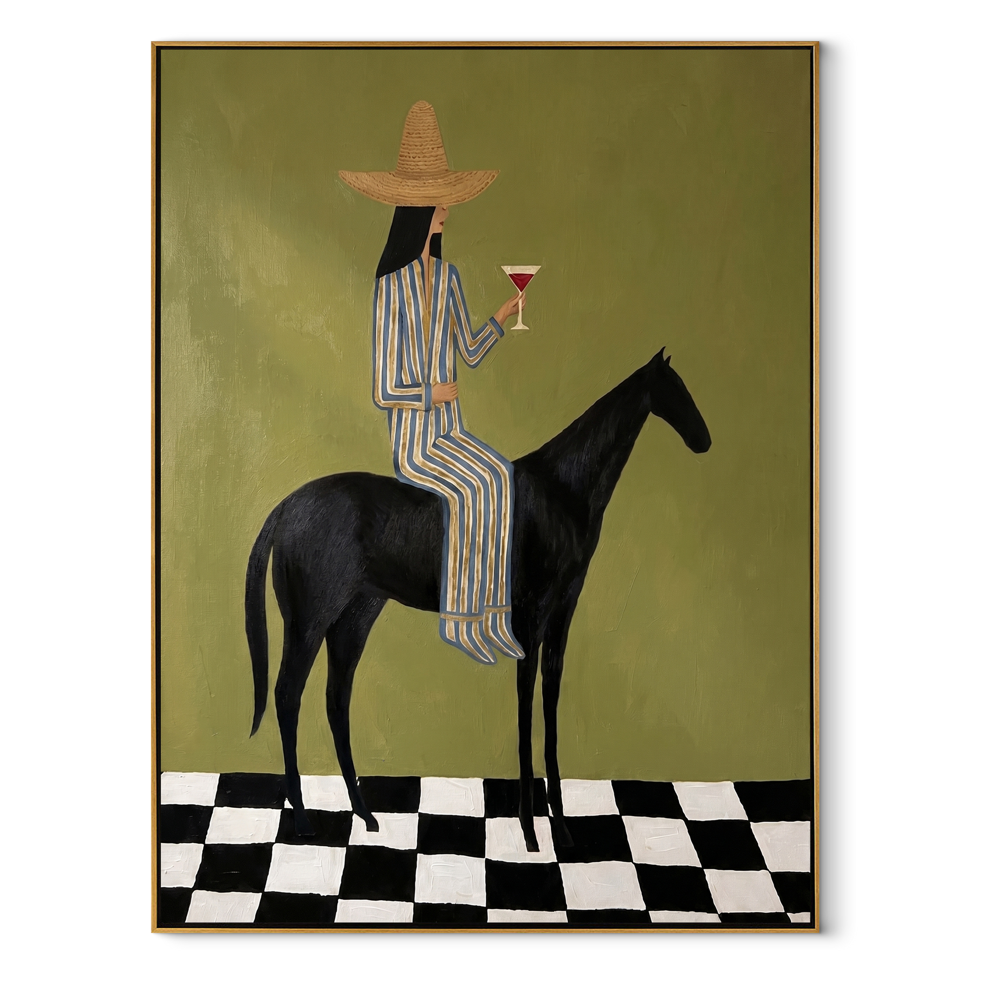 Wild Grace Hold the Horizon - horse and rider painting by Isabelle Laurent, modern Western vertical wall art – wood frame on white background