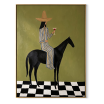 Wild Grace Hold the Horizon - horse and rider painting by Isabelle Laurent, modern Western vertical wall art – wood frame on white background