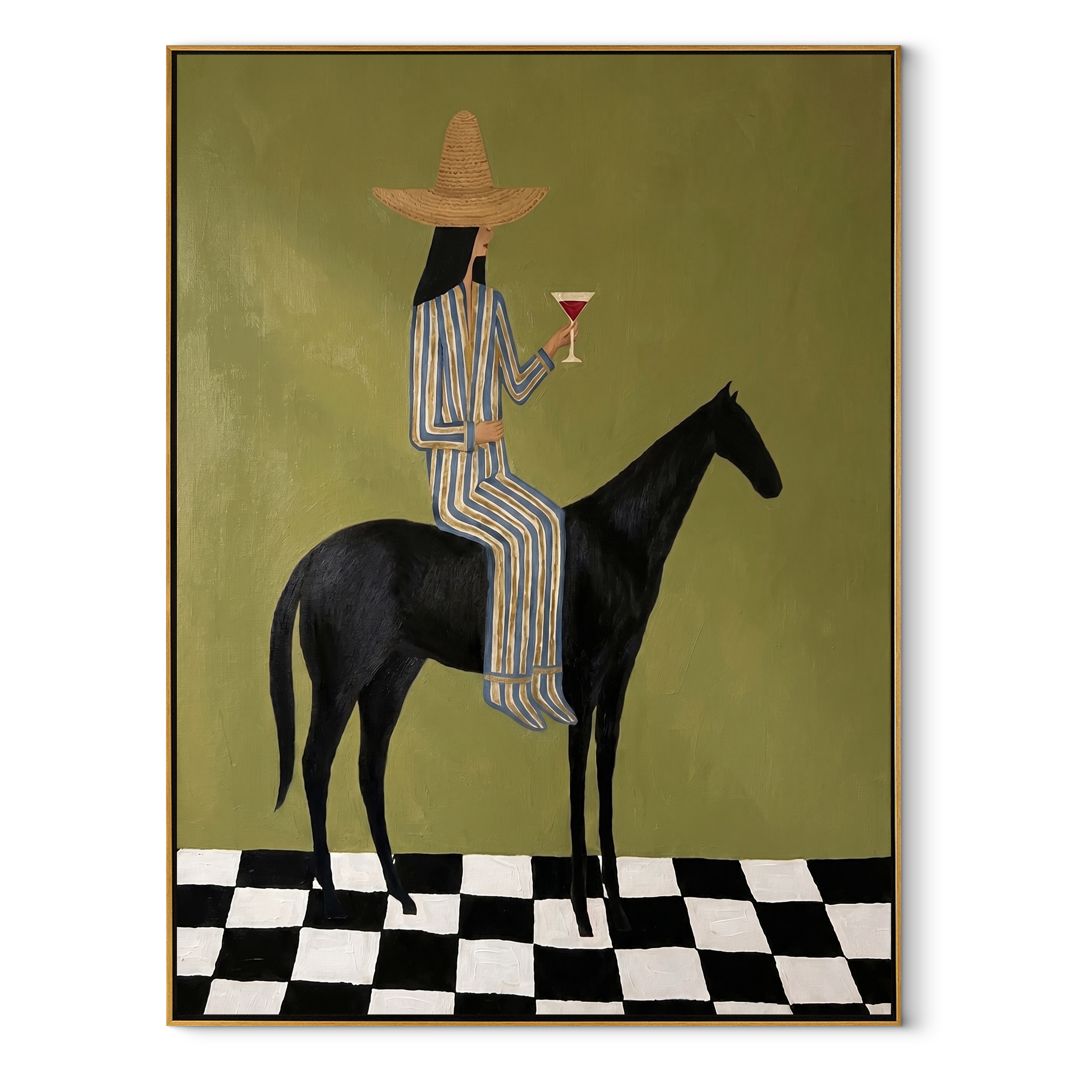 Wild Grace Hold the Horizon - horse and rider painting by Isabelle Laurent, modern Western vertical wall art – wood frame on white background