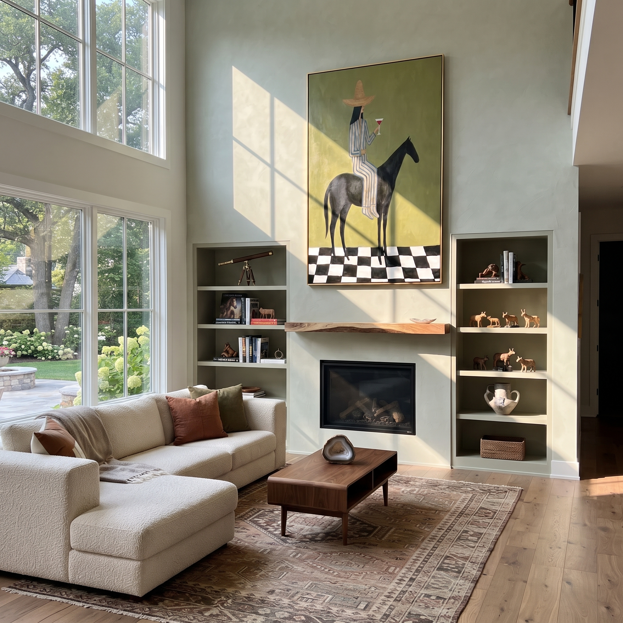 Wild Grace Hold the Horizon - horse and rider painting by Isabelle Laurent, modern Western vertical wall art – styled room scene view 2
