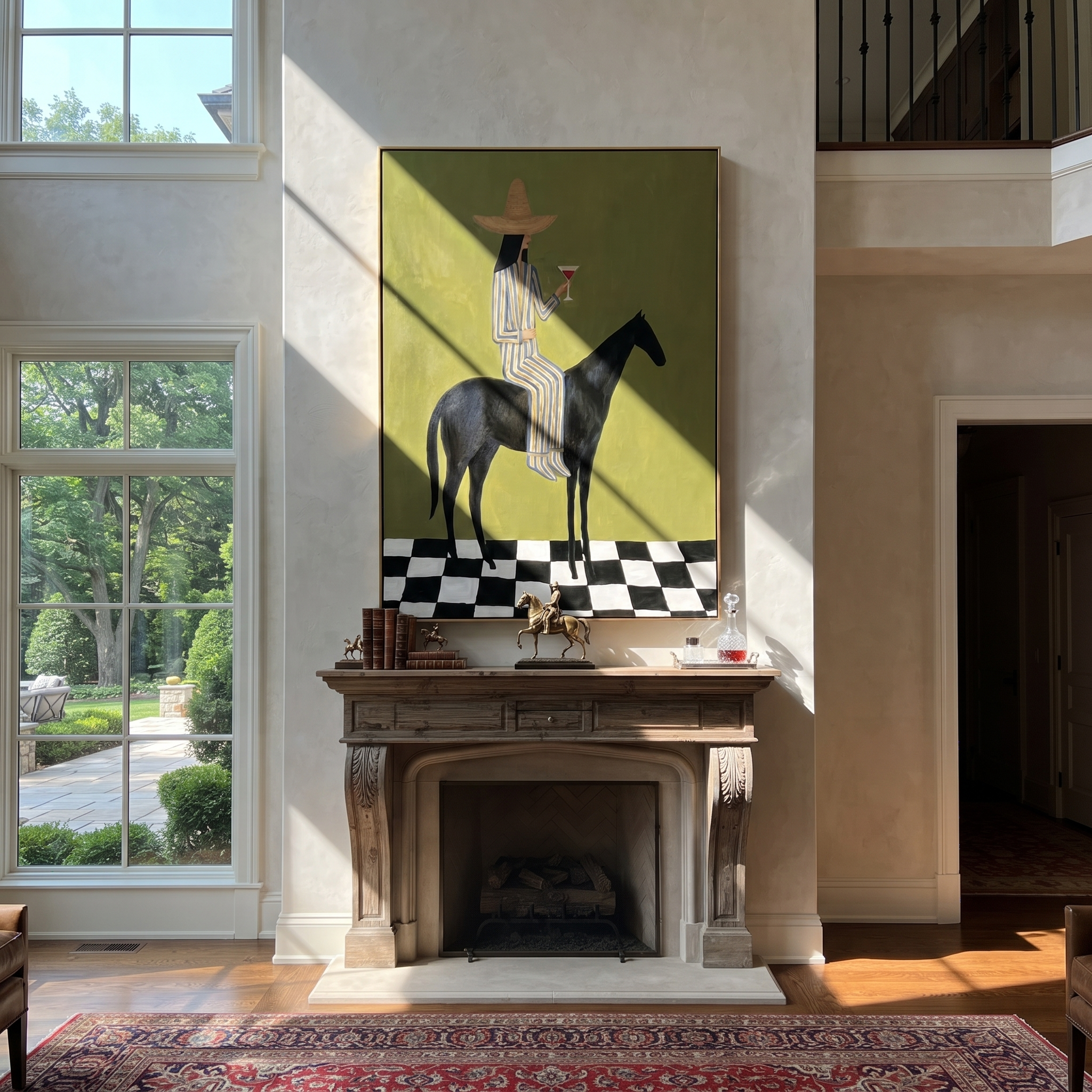 Wild Grace Hold the Horizon - horse and rider painting by Isabelle Laurent, modern Western vertical wall art – styled room scene view 3