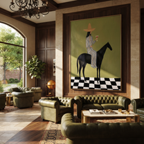 Wild Grace Hold the Horizon - horse and rider painting by Isabelle Laurent, modern Western vertical wall art – styled room scene view 4