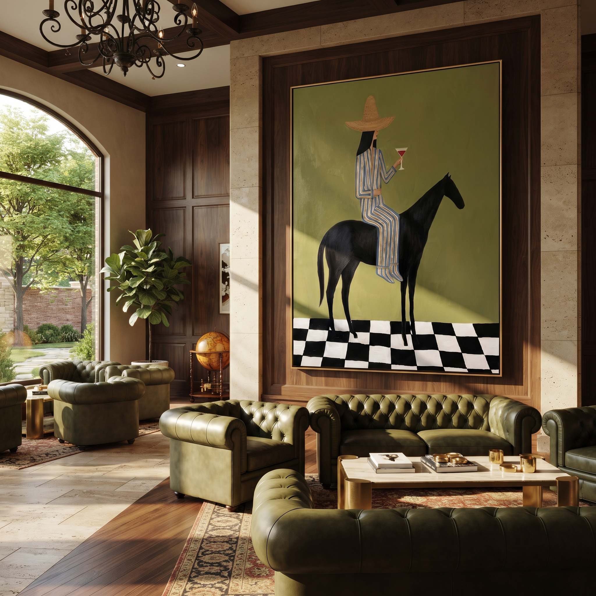 Wild Grace Hold the Horizon - horse and rider painting by Isabelle Laurent, modern Western vertical wall art – styled room scene view 4