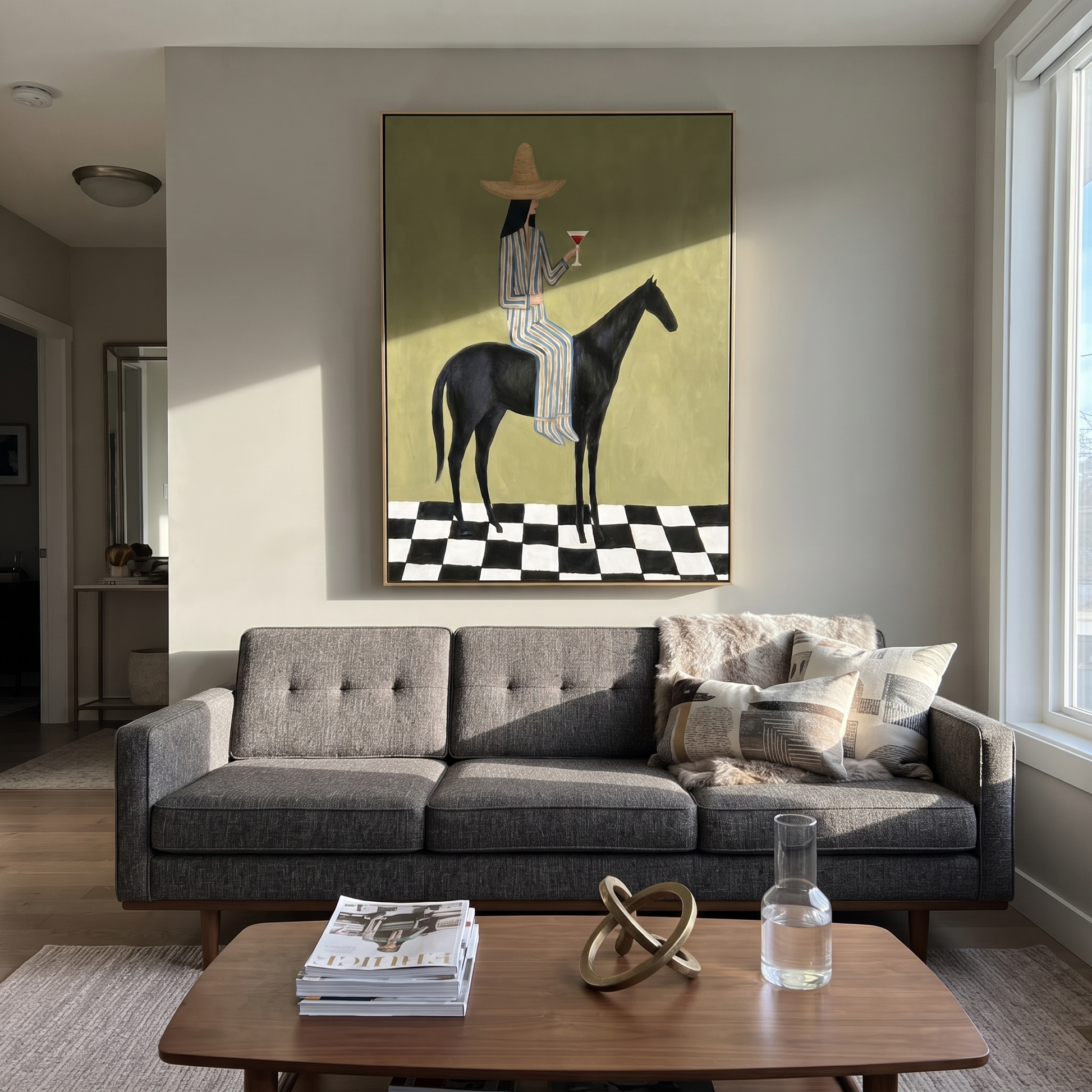 Wild Grace Hold the Horizon - horse and rider painting by Isabelle Laurent, modern Western vertical wall art – styled room scene view 5