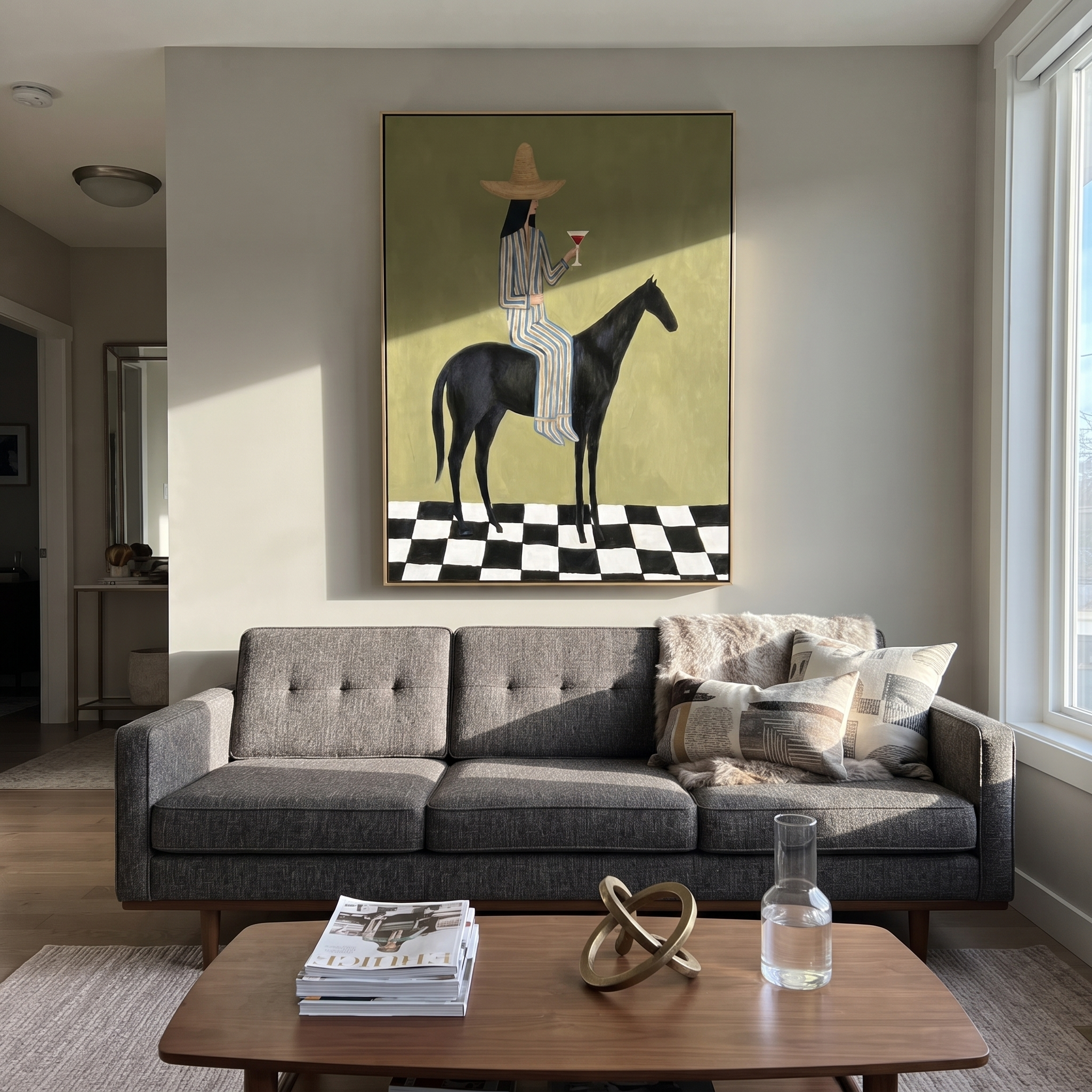 Wild Grace Hold the Horizon - horse and rider painting by Isabelle Laurent, modern Western vertical wall art – styled room scene view 5