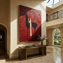Sage Horizon Hold the Horizon - figure and horse painting by Isabelle Laurent, modern Western vertical wall art – styled room scene view 1